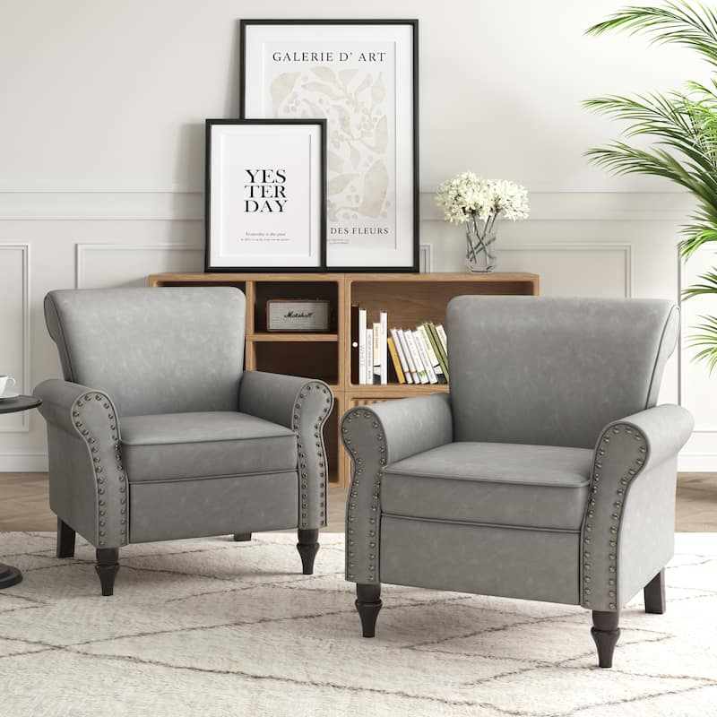 Rolled Armrests PU Accent Chair with Nailhead Trim (Set of 2) - Grey