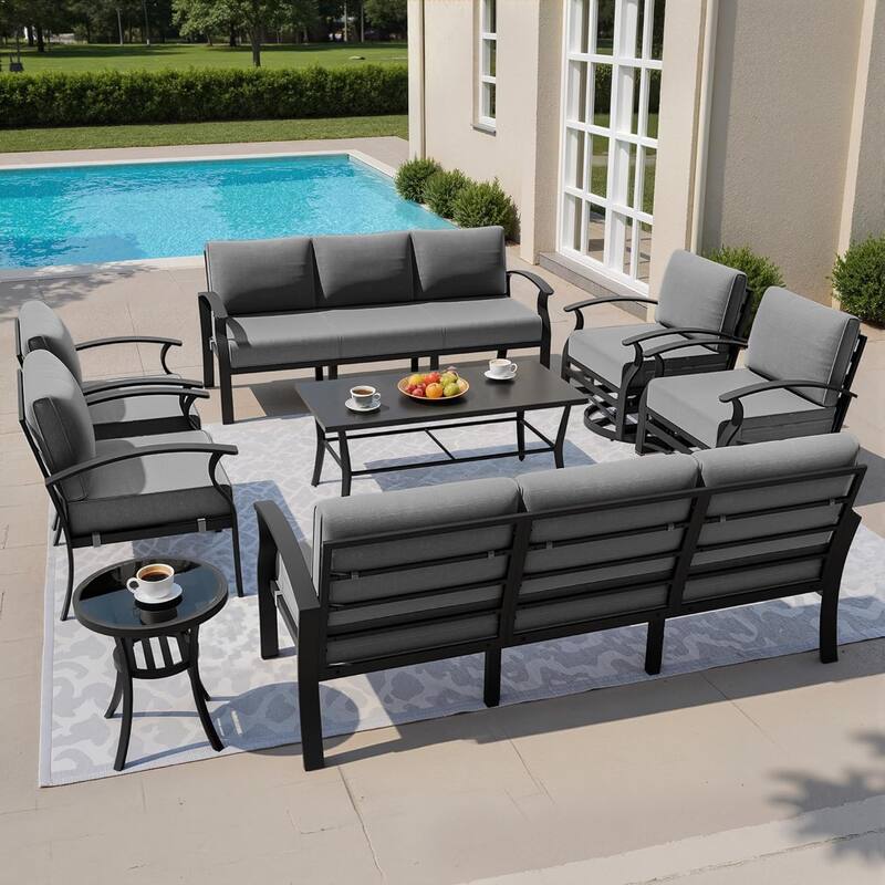 Kullavik Aluminum Outdoor Patio Sectional Sofa Set with Swivel Rocking Chairs and Coffee Table - Grey - 10-Seats-Rectangular Table