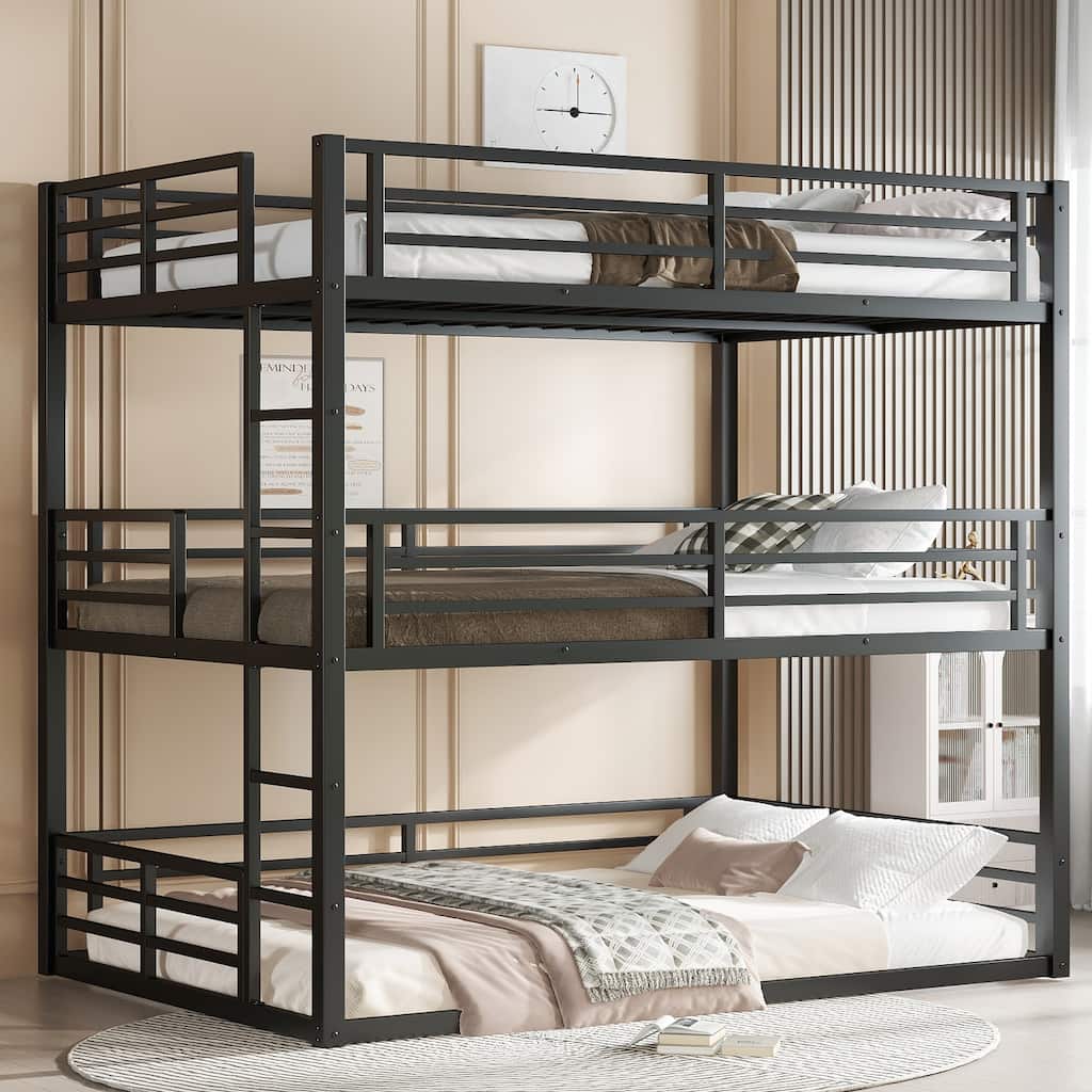 Full Size Triple Metal Bunk Bed with Safety Guardrails, Space-Saving Design, Noise-Reduced, Black