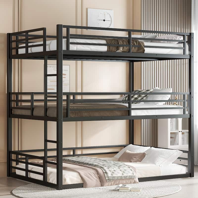 Full Size Triple Metal Bunk Bed with Safety Guardrails, Space-Saving Design, Noise-Reduced, Black - Black