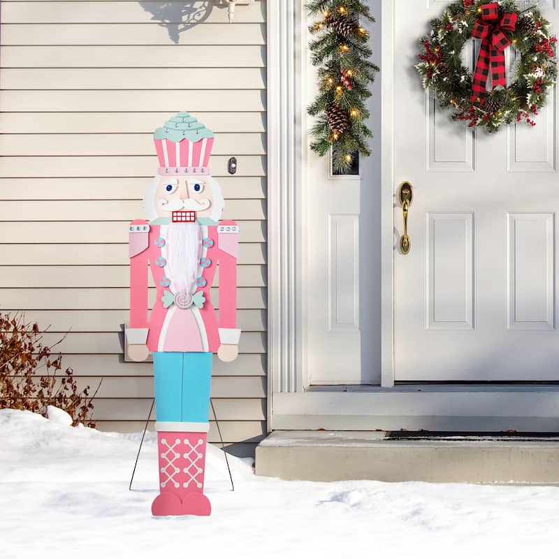 Glitzhome 60"H Christmas Wooden Pink Nutcracker Porch Decor - Blue
