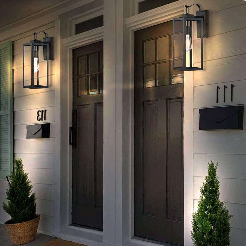 2-pack 17.7 in. 1-Light Matte Black Outdoor Wall Lantern Sconce with Clear Glass（Dusk to Dawn could be chosen）