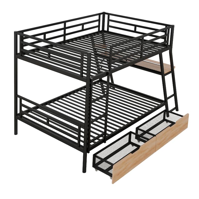 Full Size Metal & Wood Loft Bed with L -shaped desk and shelves, Black and Brown