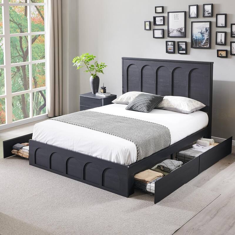 Modern Full Size Bed Frame, 52" Tall Arched Recessed Headboard - Black