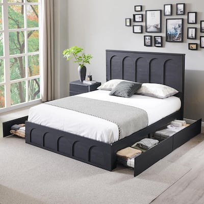 Modern Queen Size Bed Frame, 52" Tall Arched Recessed Headboard