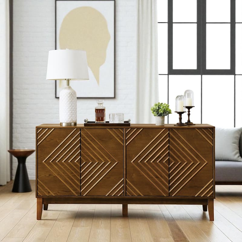 60.5" Mid Century Modern Sideboard Buffet Cabinet with Fluted Geometric Doors and Adjustable Storage Shelves - Walnut