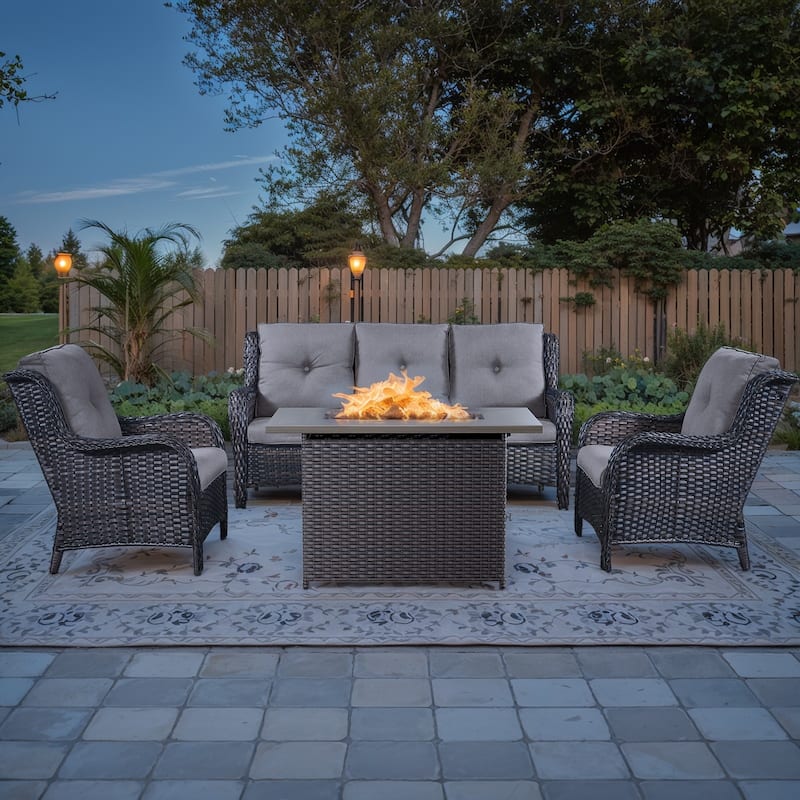 All Weather Sofa Chair with Fire Pit Table - Brown - Grey - Brown