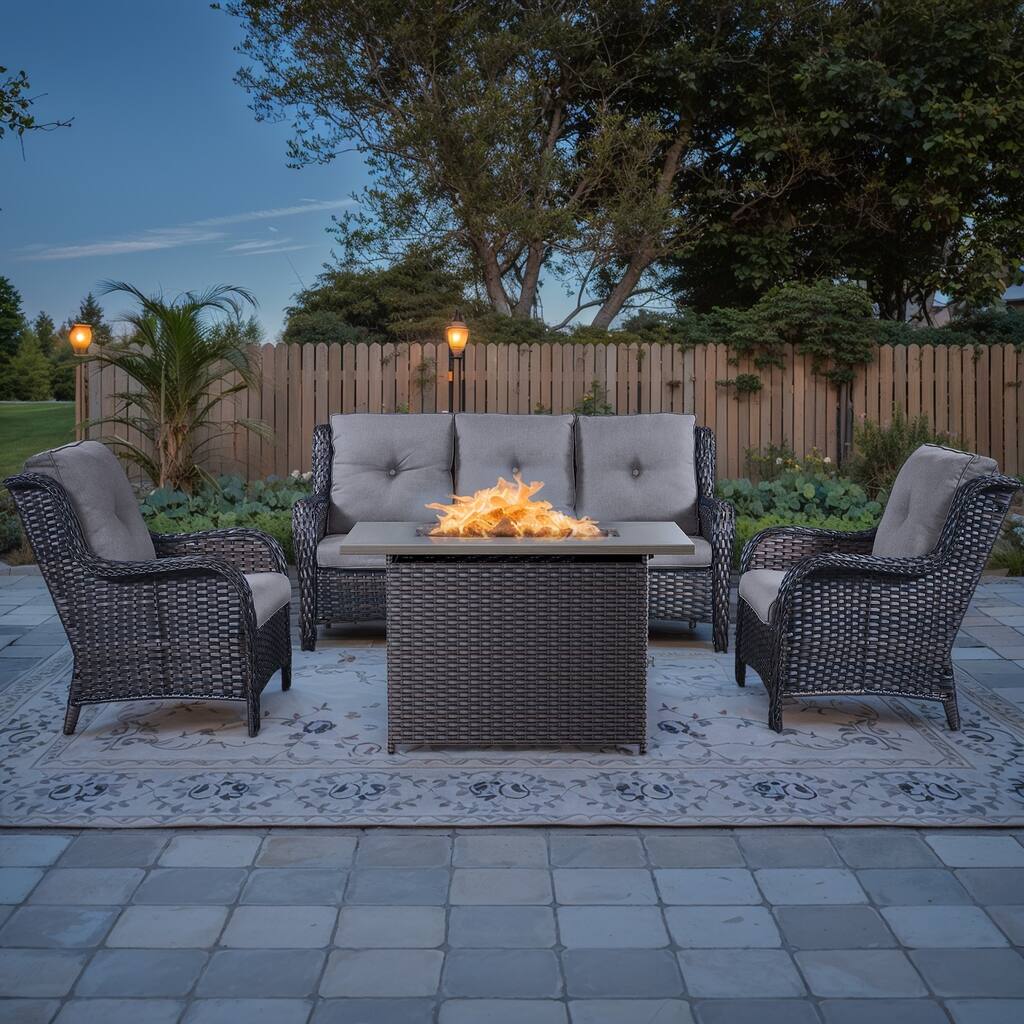 All Weather Sofa Chair with Fire Pit Table - Brown