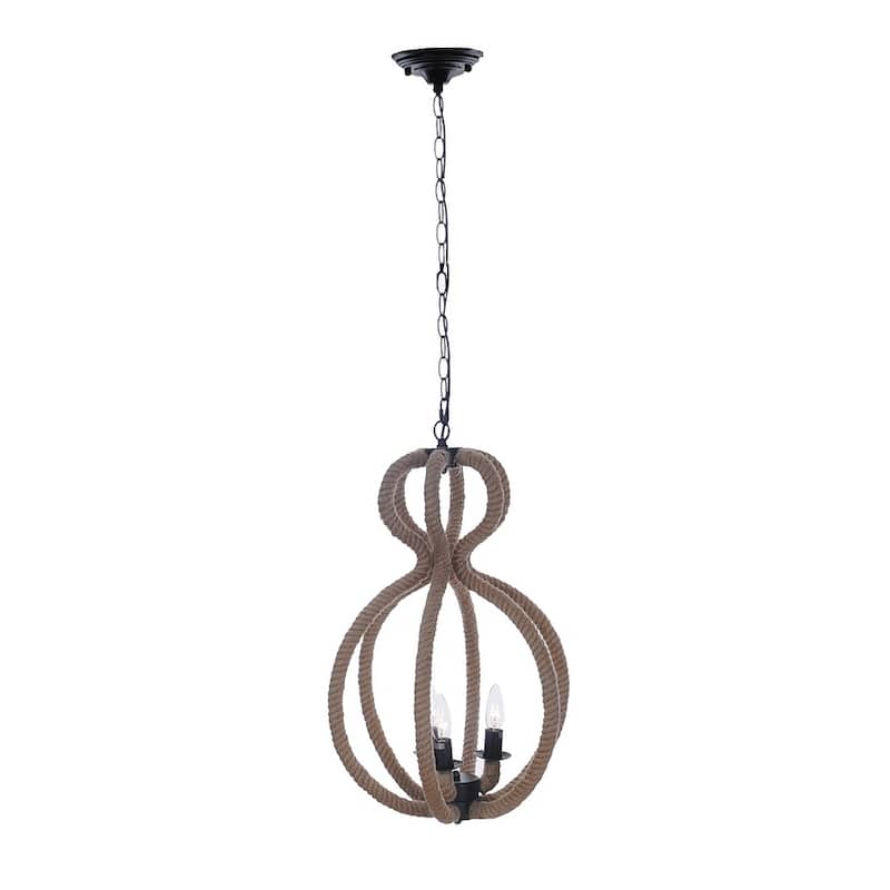 HomeRoots Natural and Black Iron and Rope Three Light Ceiling Light - 15' X '47.5' X '15