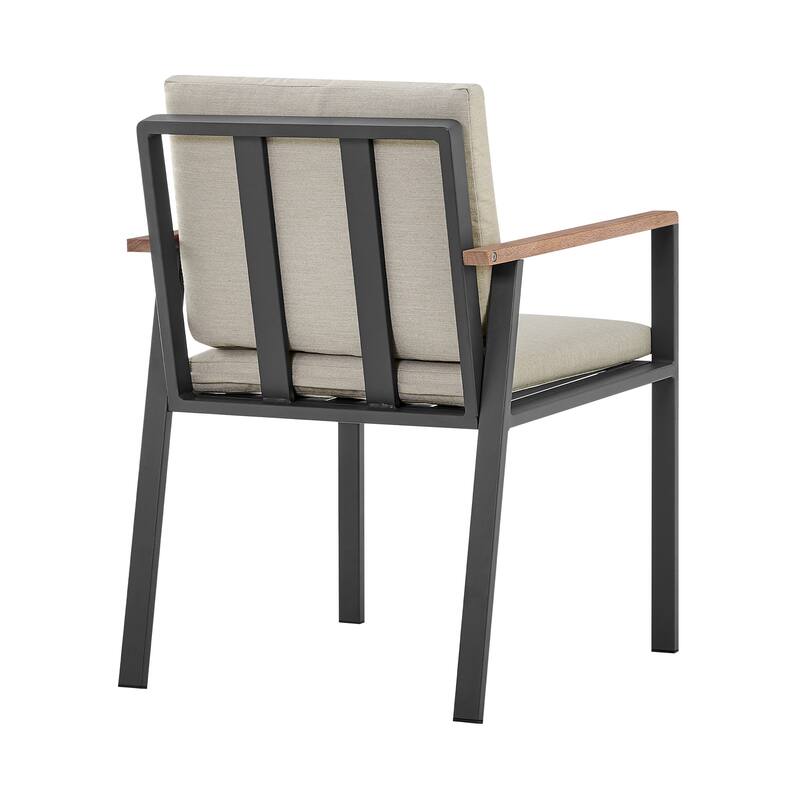 Nofi Gray Aluminum and Taupe Olefin Outdoor Patio Dining Chairs with Teak Wood Arms - Set of 2