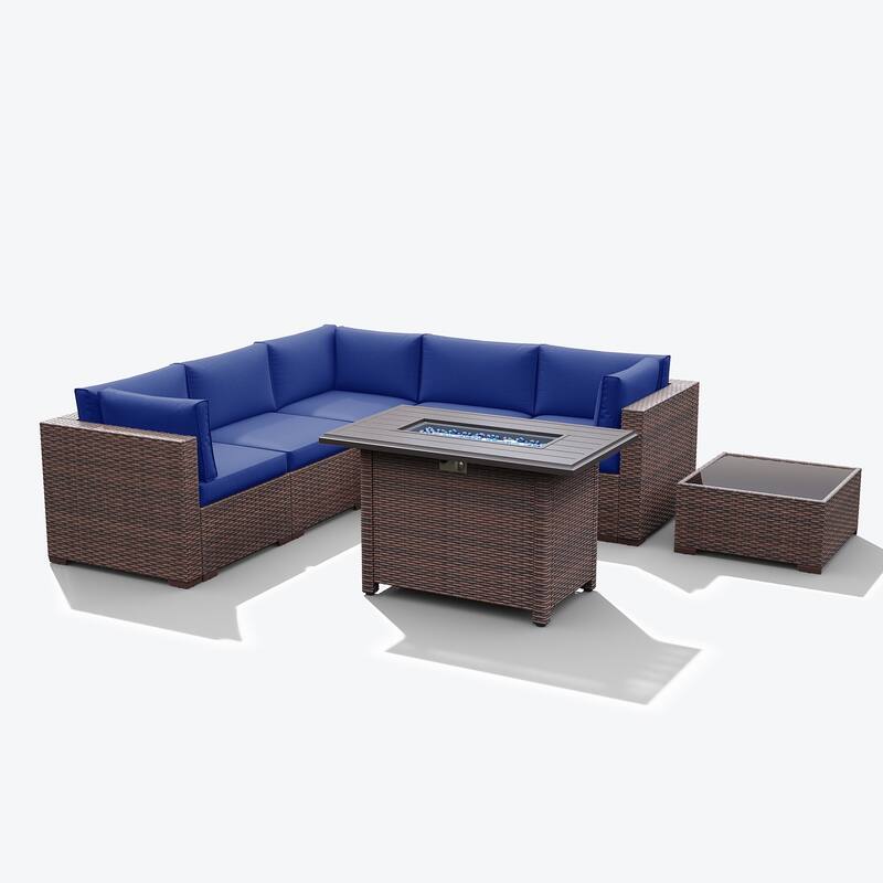 7 Piece Wicker Set Patio Sofa Furniture with Fire Pit And Table