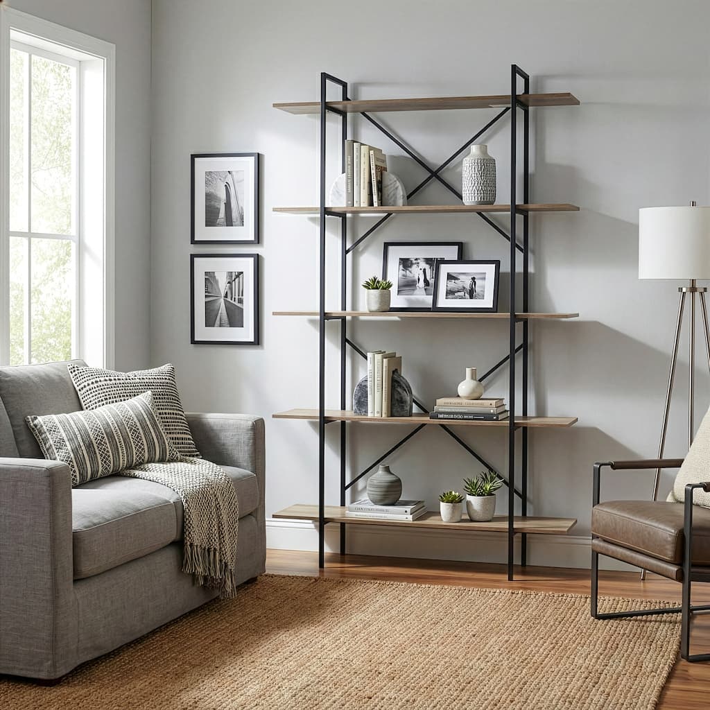 August 84.75 In. Metal Frame Light Brown Etagere Bookcase Five-shelf