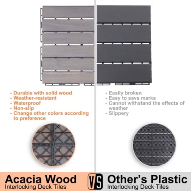 10 PCS Interlocking Deck Tiles Checker Pattern,12" x 12" Light Gray Square Acacia Hardwood Outdoor Flooring