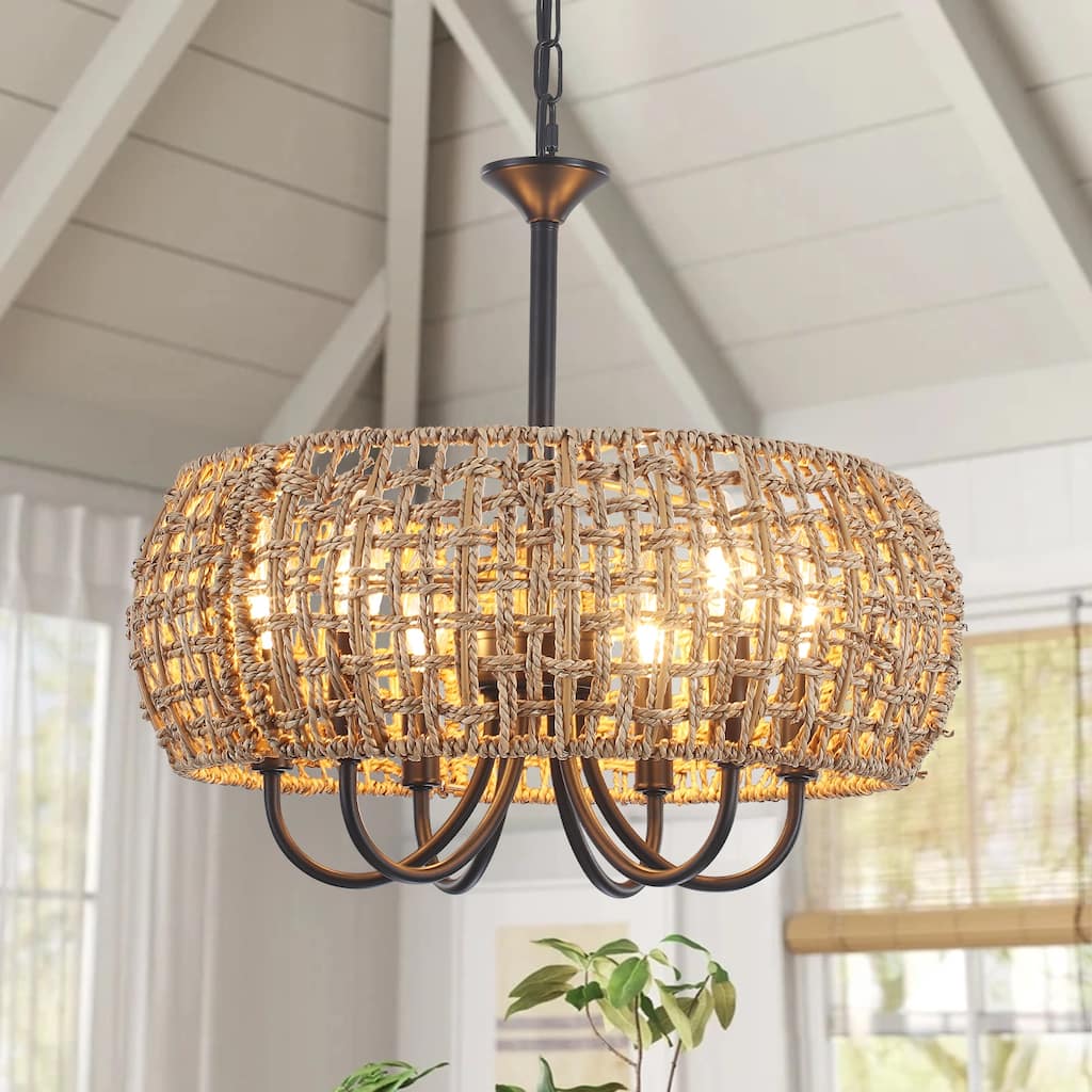 18.11inch Bohemian 6 lights adjustable height With Hand-Woven Rattan Lampshade for different rooms