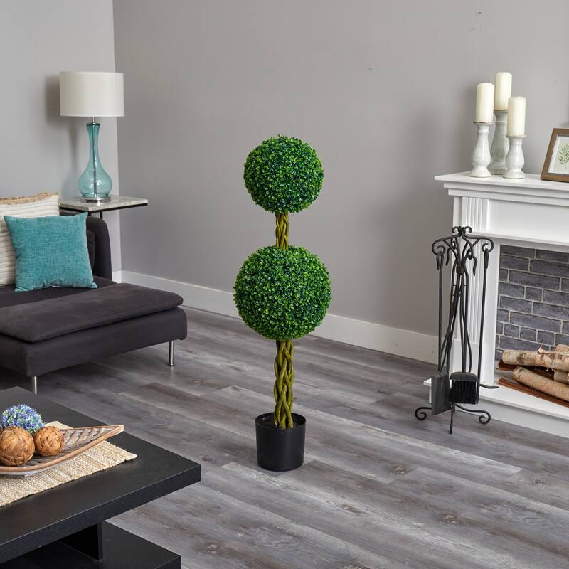 Modern Topiary Tree 4ft - Artificial Double Ball Tree Indoor Outdoor Decor - Green - 51-60 Inches