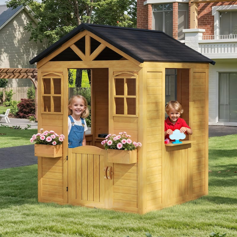 Wooden Adventure Cottage Playhouse for Kids with Working Door, Windows, Service Station, and Flower Pot Holders - Wood Color