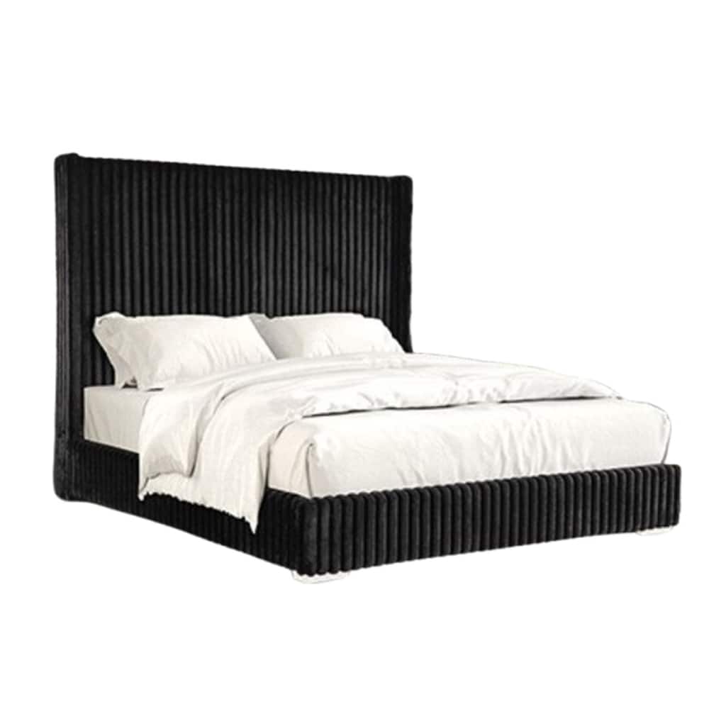 Wolo King Bed, Black Fur Chenille Ribbed Upholstery, Wing Headboard