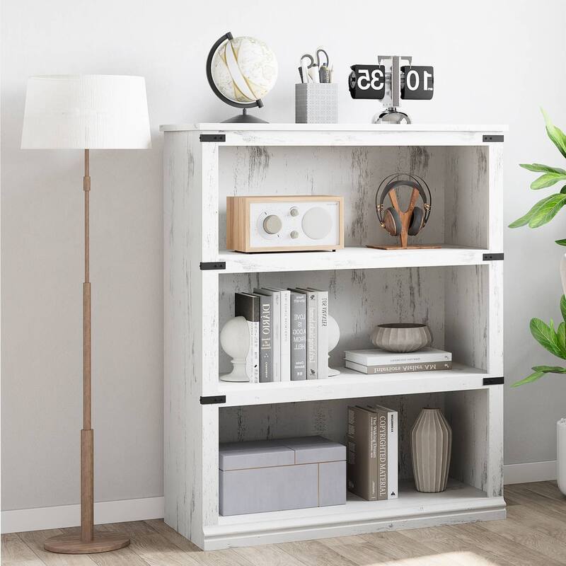Farmhouse Bookcase with 3 Tier Storage Open Shelves - N/A