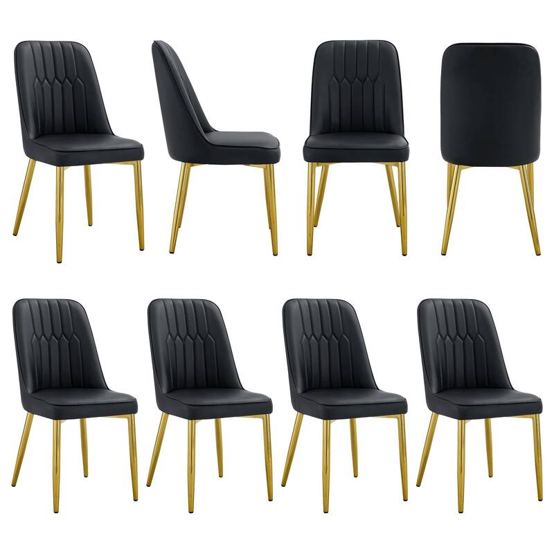 8 modern dining chairs, sleek PU backrest, and gold metal legs bring a comfortable home experience to the kitchen, bedro