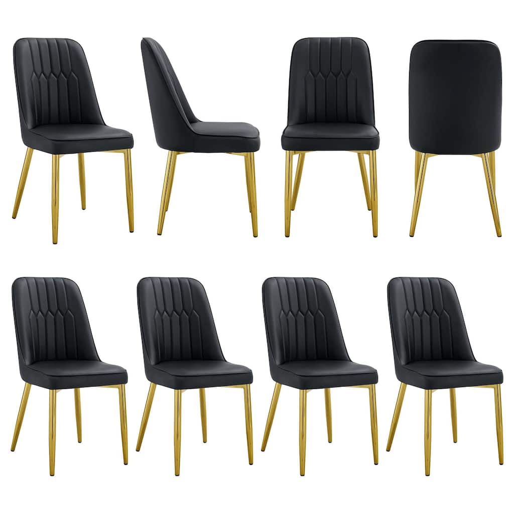 8 modern dining chairs, sleek PU backrest, and gold metal legs bring a comfortable home experience to the kitchen, bedro