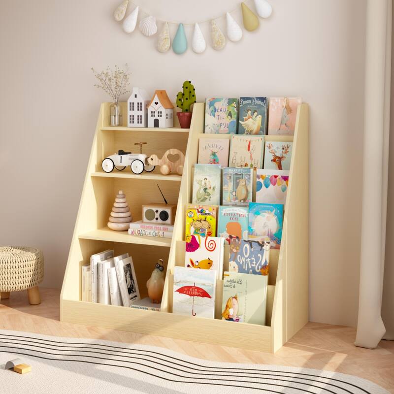 Anmytek Kids Bookcase Large Capacity Trapezoid Bookshelf Eco Friendly Wood Toy Storage Organizer Cabinet