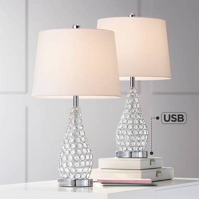 Set of 2 Modern Accent Table Lamps with USB Port Chrome Metal - 13" x 23.5"