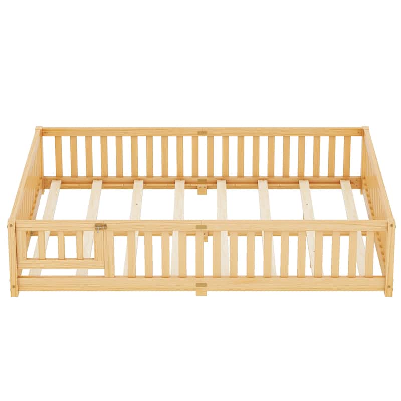 Natural Queen Size Pine Wood Floor Bed with Safety Guardrails and Door for Kids