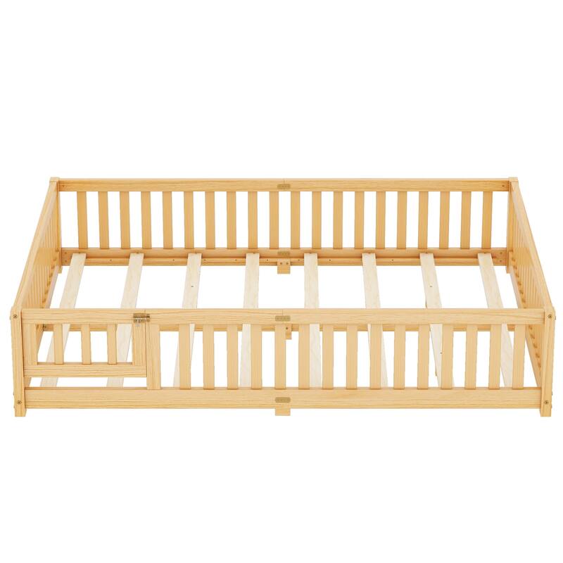 Natural Queen Size Pine Wood Floor Bed with Safety Guardrails and Door