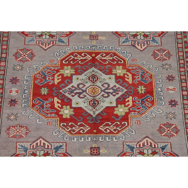 Gray Geometric Kazak Area Rug Living Room Handmade Wool Carpet - 5'7" x 7'3"