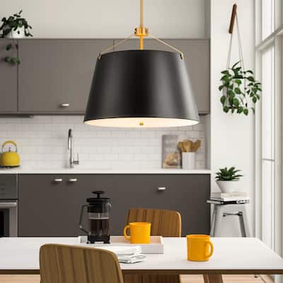 3-Light Matte Black Modern Industrial Drum Pendant Lights for Kitchen Island - 19.49 in. W x 17.32 in. H