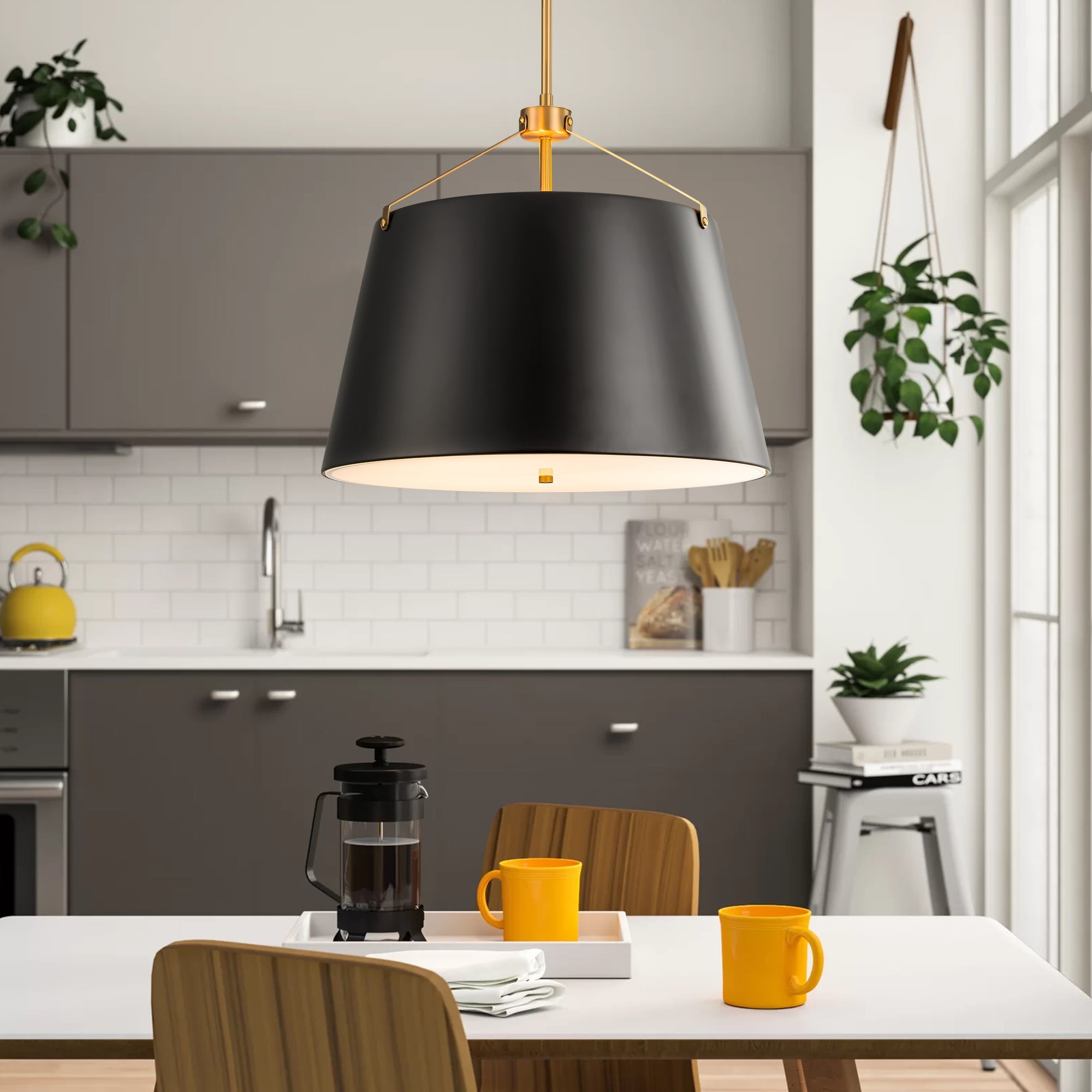 Rennnsan 3-Light Matte Black Modern Industrial Drum Pendant Lights for Kitchen Island - 19.49 in. W x 17.32 in. H