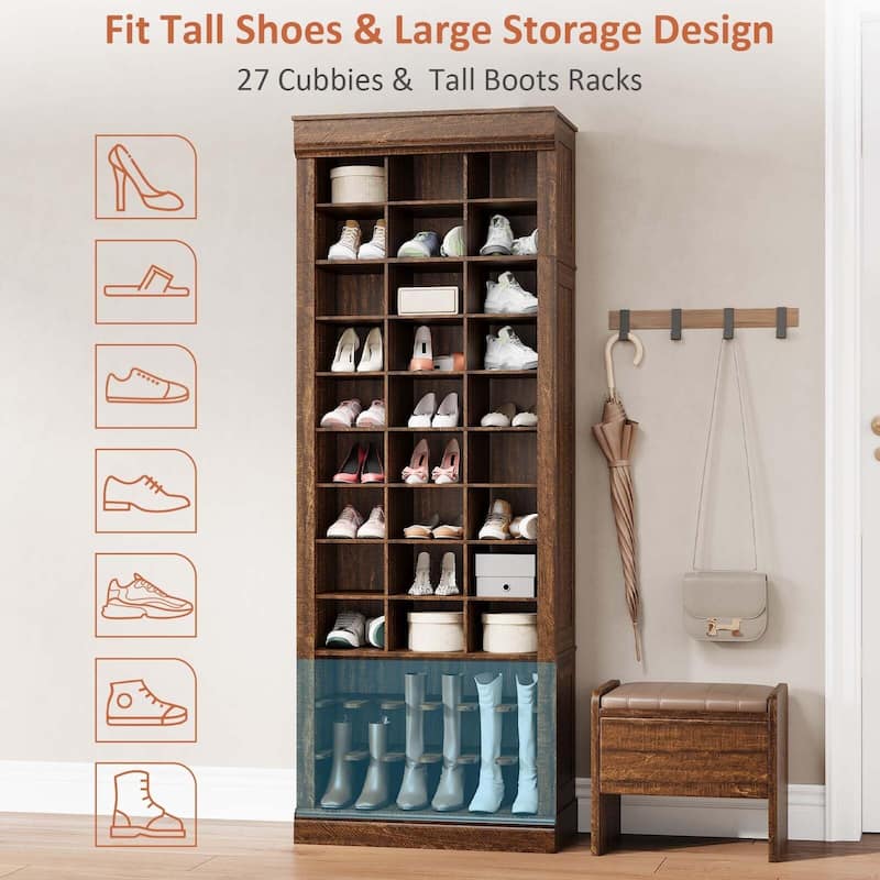 10-Tier Tall Shoe Cabinet with Boot Rack & 27 Cubbies