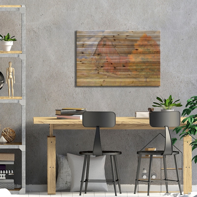 Autumn Barn Print On Wood by Pam Britton - Multi-Color