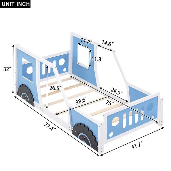 dimension image slide 1 of 2, Twin Size Classic Car Kids Bed Frame with Wheels, Easy to Assemble, Blue