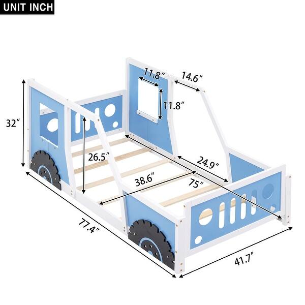 dimension image slide 2 of 4, Twin Size Classic Car-Shaped Platform Bed with Wheels and Full-Length Guardrail