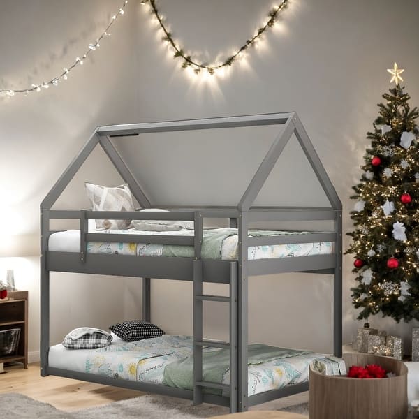 slide 2 of 18, Twin Over Twin Low Bunk Bed,House-Shaped House Bed With Ladder for Home Grey