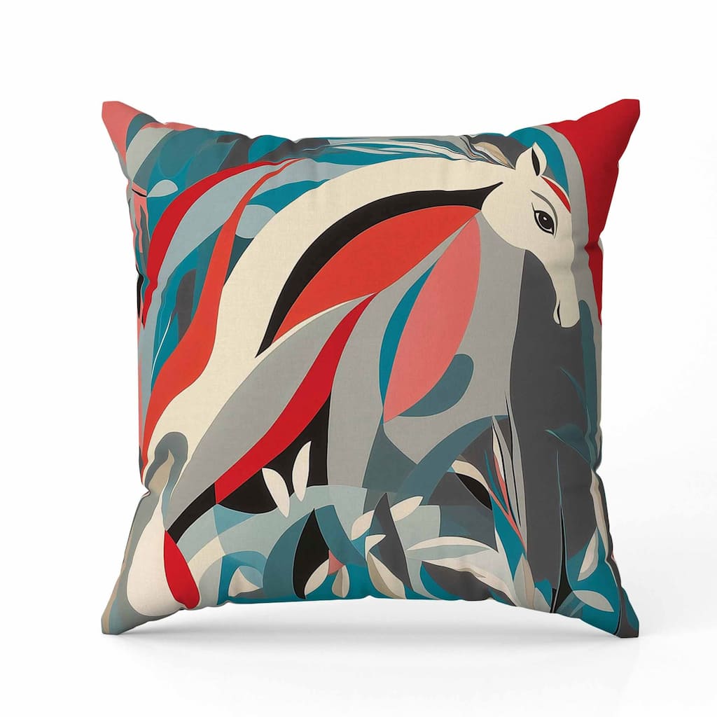 Mythical Horse Indoor/Outdoor Reversible Throw Pillow Red and Teal