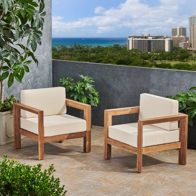 Genser Outdoor Wooden Club Chairs with Cushions by Christopher Knight Home