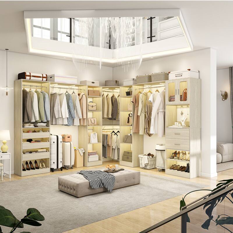100" × 100" Closet System With Door and Wooden Drawers, Closet Organizer with 5 Hanging Rods and 20 Storage Shelves