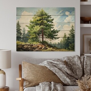 Designart "Proud Pine Tree I" Tree Pine Print on Natural Pine Wood ...