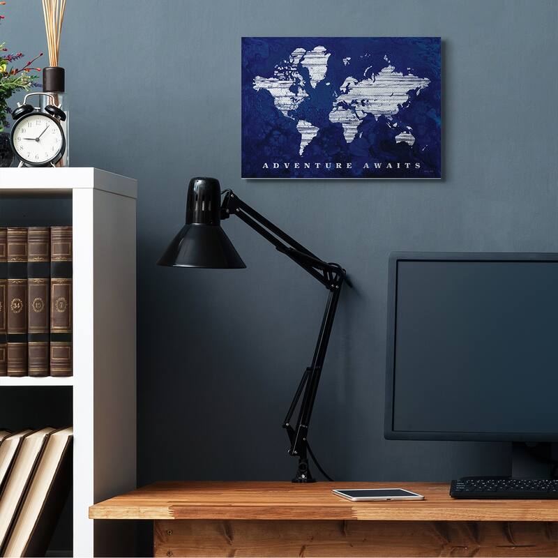 Stupell Adventure Awaits Sentiments Navy Blue World Map Canvas Wall Art