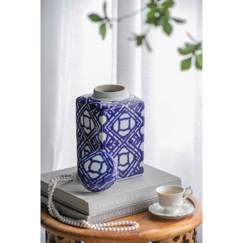 5.3x5.3x10" Valora Blue and White Square Lidded Jar