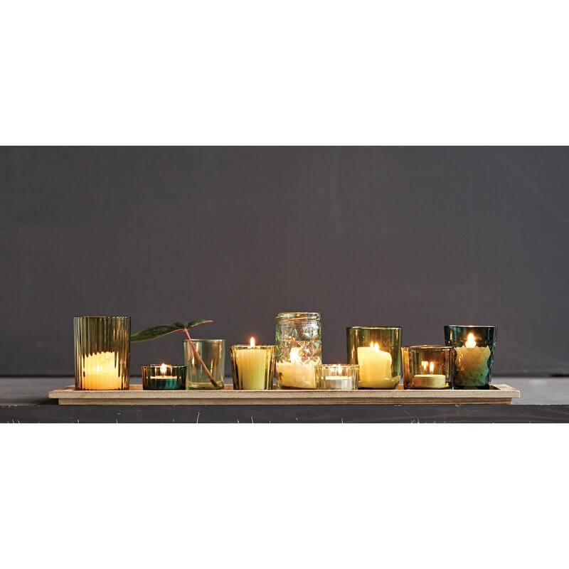 Wood Tray with 9 Blue & Green Glass Votive Holders - Green