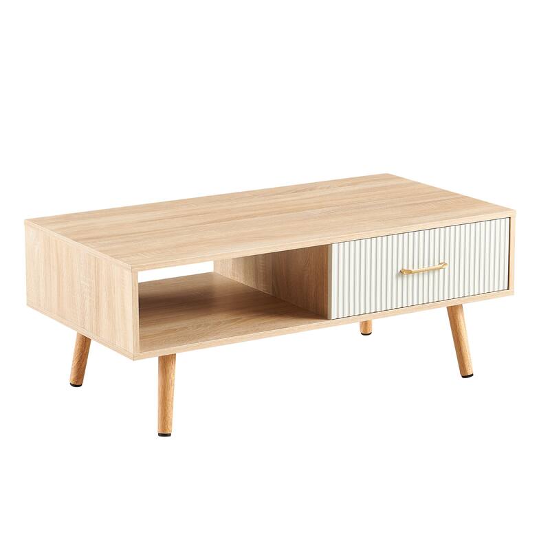 Rectangle Coffee Table with Solid Wood Legs, Sliding Drawer for Storage, Modern Table for Living Room