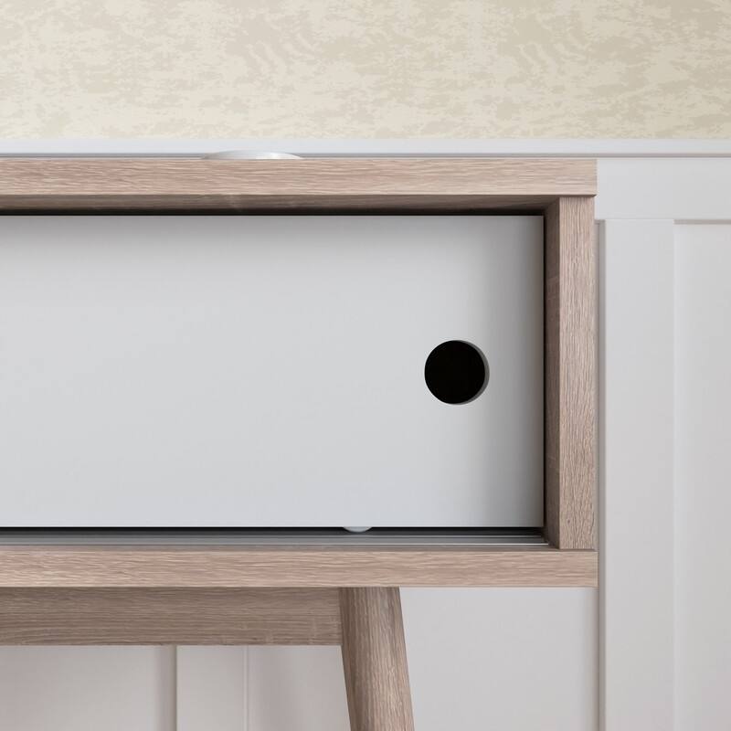 Natural Wood Entryway Console Table with 2 Sliding Doors, Storage Sofa Table for Hallway & Living Room