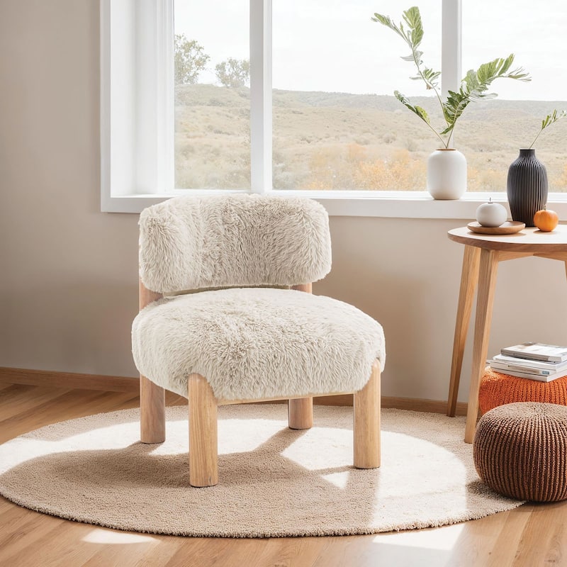 Mushroom Finish Accent Chair Fur Fabric Wooden Legs Curved Backrest Contemporary Primary Living Room - taupe