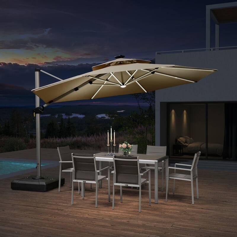 PURPLE LEAF 10/11/12ft Round Double Top LED Patio Cantilever Umbrella with Base
