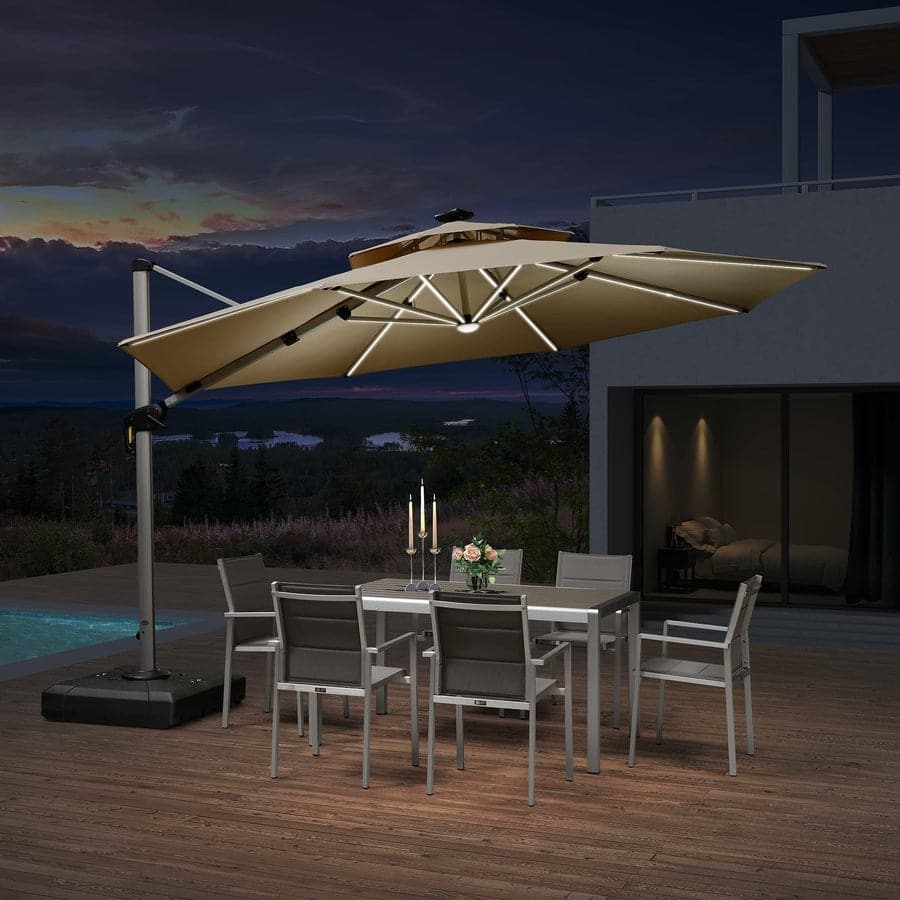 PURPLE LEAF 12 ft Double Top Solar powered LED Round Patio Cantilever Umbrella with Base