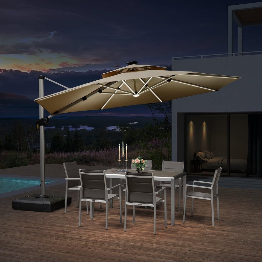 PURPLE LEAF 12 ft Double Top Solar powered LED Round Patio Cantilever Umbrella with Base