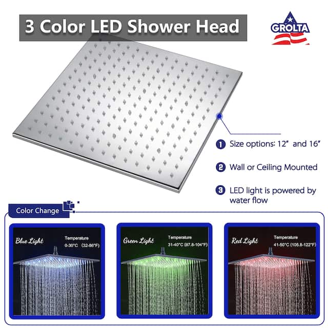 12" LED Ceiling Rainfall Shower 3 Way Thermostatic Faucet System w/ 6 Body Jets